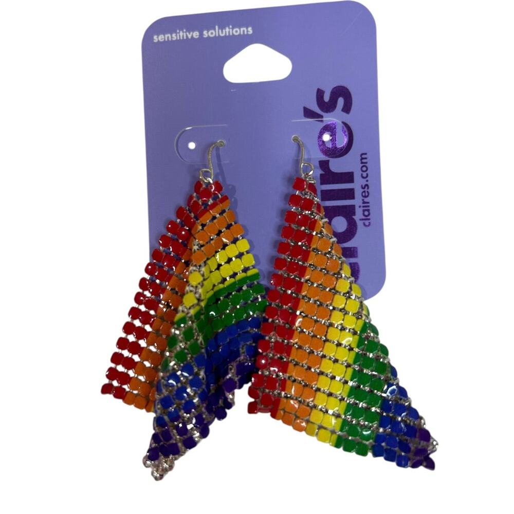 Claires New Metal Mesh Rainbow Earrings Pierced Fishhook 3 Inch Drop Dangle